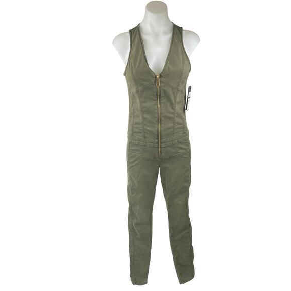 New Guess Maxine Olive Green Denim Sleeveless Zip Up Skinny Romper Jumpsuit Sz 6 - Picture 1 of 6